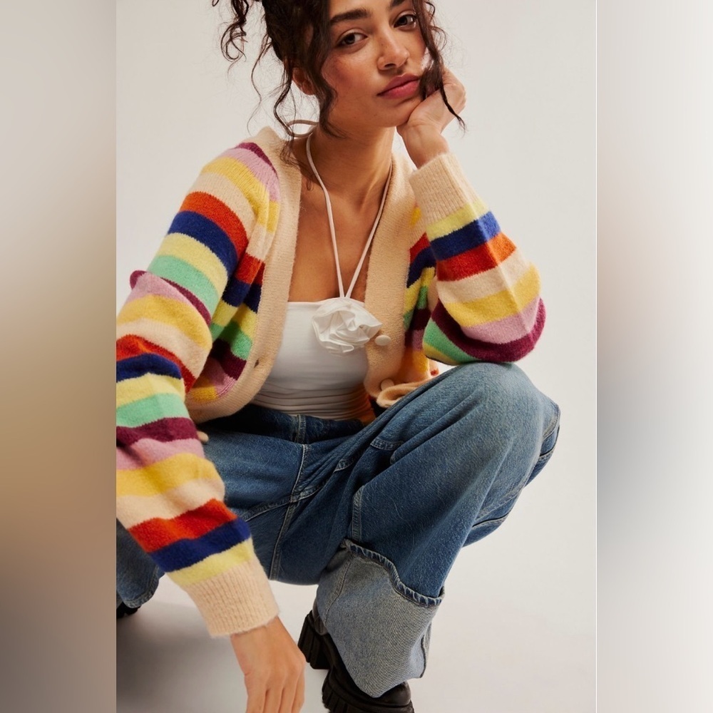 Free People x Found Multi-Stripe Cardigan Sweater Size Medium NWT - Picture 2 of 14
